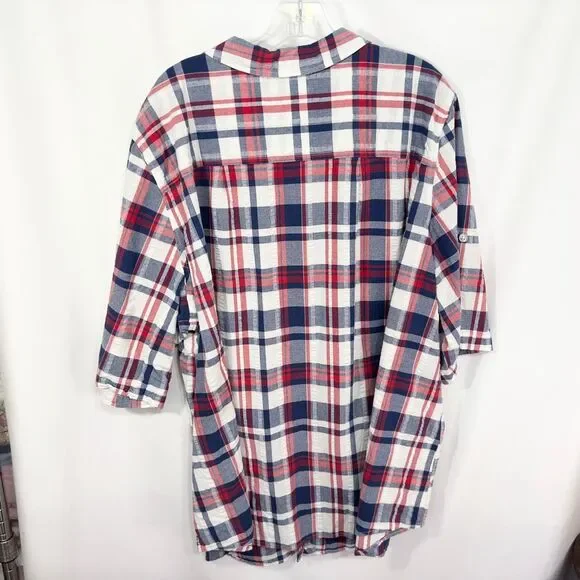 Woman Within Plus Size 3X Top 30W 32W Plaid Red Blue White Cotton Button Up 1578 - Picture 2 of 7